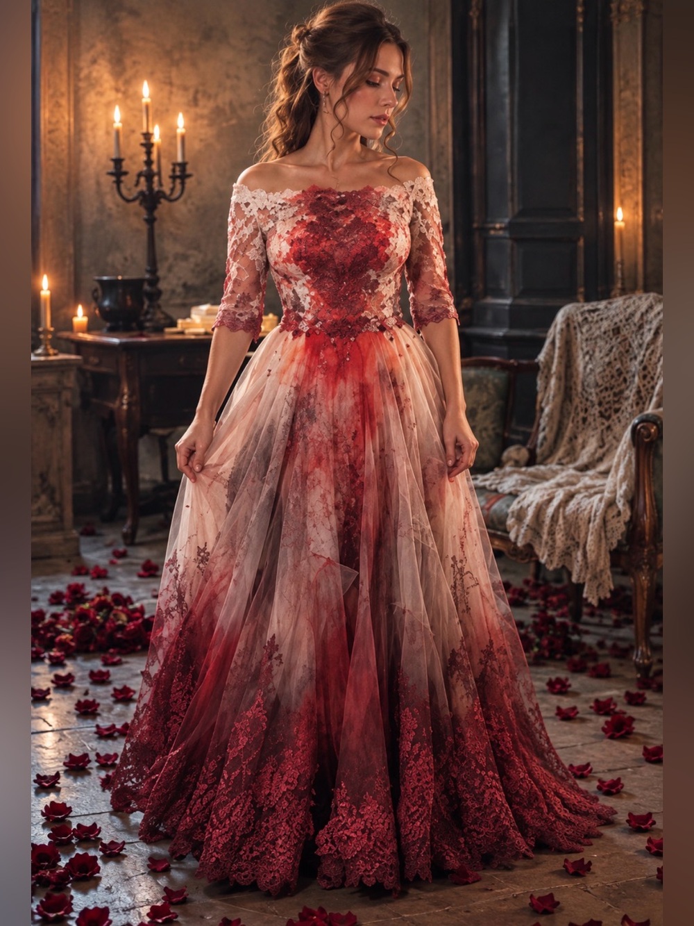 Horror Zombie Bride Wedding Dress Costume Lace Train size small Gothic Halloween